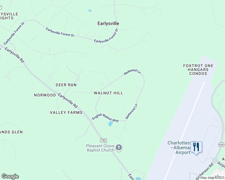 map of restaurants, bars, coffee shops, grocery stores, and more near 1460 Brentwood Way in Earlysville
