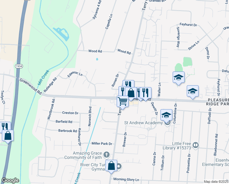 map of restaurants, bars, coffee shops, grocery stores, and more near 6418 Venango Drive in Louisville