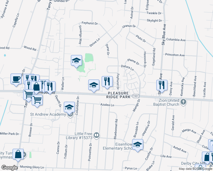 map of restaurants, bars, coffee shops, grocery stores, and more near 5545 Bayshore Court in Louisville