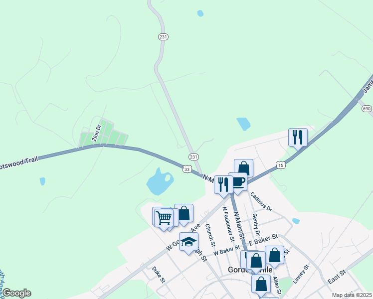 map of restaurants, bars, coffee shops, grocery stores, and more near 19052 Blue Ridge Turnpike in Gordonsville