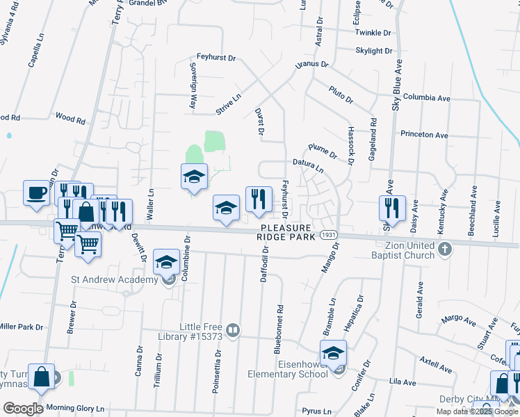 map of restaurants, bars, coffee shops, grocery stores, and more near 5541 Bayshore Court in Louisville