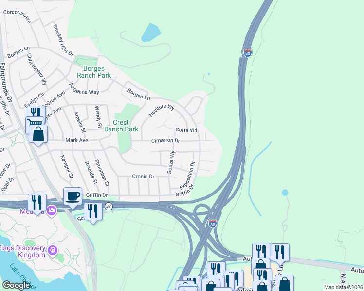 map of restaurants, bars, coffee shops, grocery stores, and more near 361 Carousel Drive in Vallejo