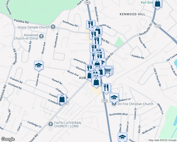 map of restaurants, bars, coffee shops, grocery stores, and more near in Louisville