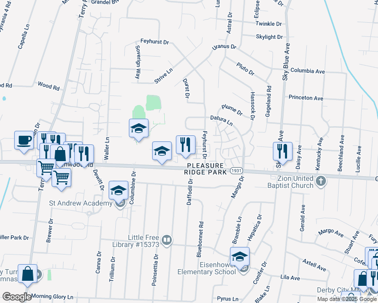map of restaurants, bars, coffee shops, grocery stores, and more near 5533 Bayshore Court in Louisville