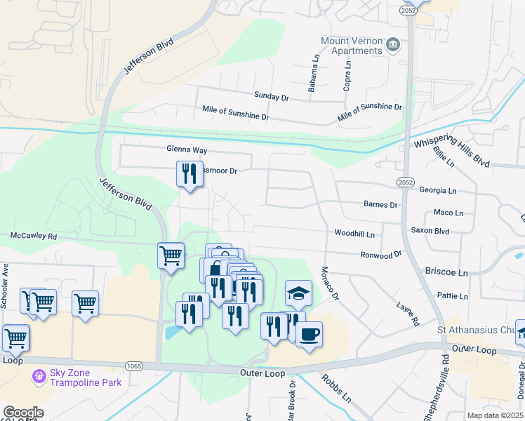 map of restaurants, bars, coffee shops, grocery stores, and more near 5016 Barnes Drive in Louisville