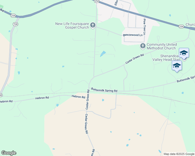 map of restaurants, bars, coffee shops, grocery stores, and more near 422 Cedar Green Road in Staunton