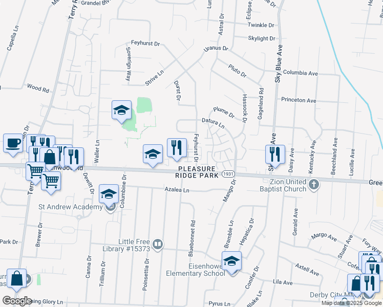 map of restaurants, bars, coffee shops, grocery stores, and more near 5501 Bayshore Court in Louisville