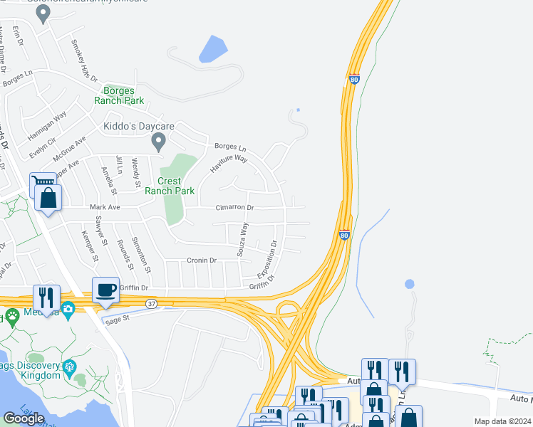 map of restaurants, bars, coffee shops, grocery stores, and more near 345 Cimarron Drive in Vallejo