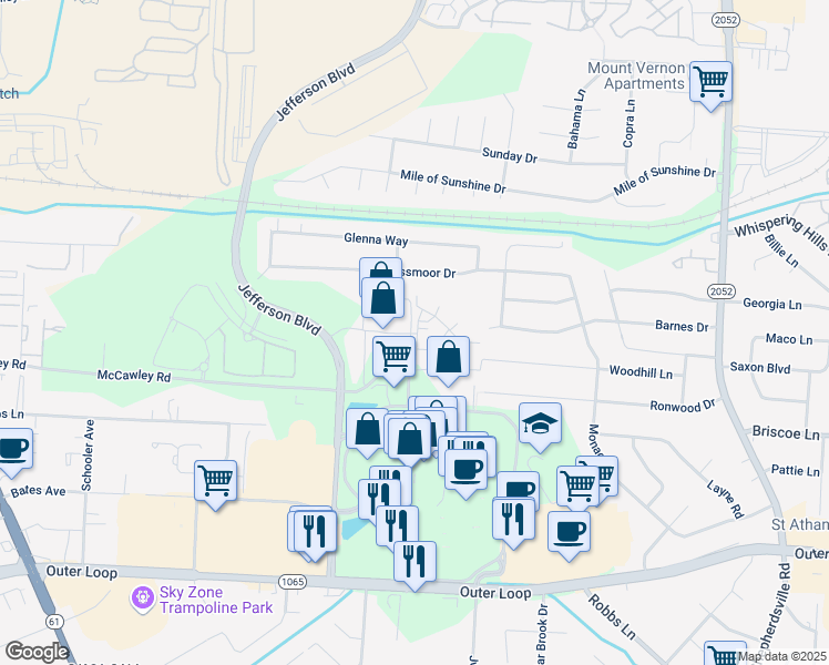 map of restaurants, bars, coffee shops, grocery stores, and more near in Louisville