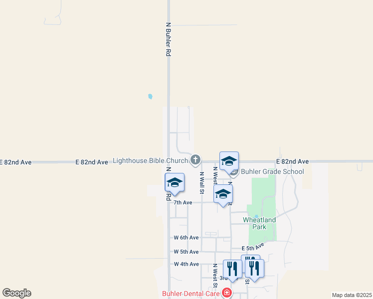 map of restaurants, bars, coffee shops, grocery stores, and more near 9716 East 82nd Avenue in Buhler