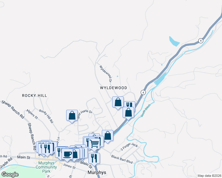 map of restaurants, bars, coffee shops, grocery stores, and more near 280 Apple Blossom Drive in Murphys