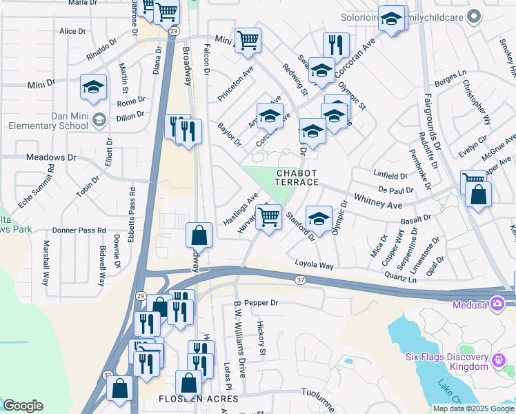 map of restaurants, bars, coffee shops, grocery stores, and more near 165 Harvard Avenue in Vallejo