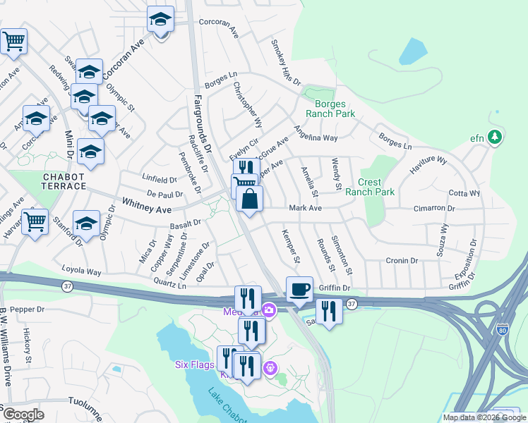 map of restaurants, bars, coffee shops, grocery stores, and more near 1990 Griffin Drive in Vallejo