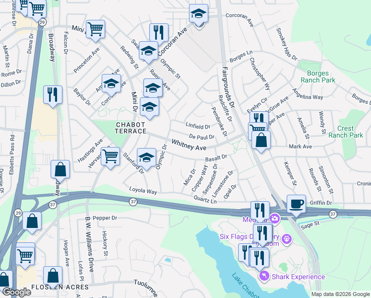 map of restaurants, bars, coffee shops, grocery stores, and more near 716 Basalt Drive in Vallejo