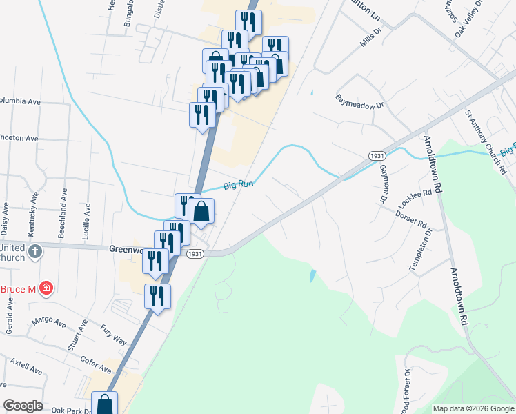 map of restaurants, bars, coffee shops, grocery stores, and more near 8210 Saint Andrews Church Road in Louisville