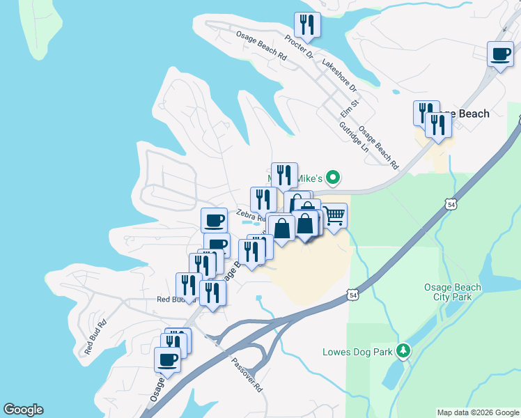 map of restaurants, bars, coffee shops, grocery stores, and more near 4430 Cove Road in Osage Beach