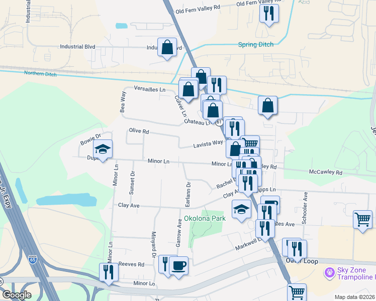 map of restaurants, bars, coffee shops, grocery stores, and more near 1104 Lavista Way in Louisville