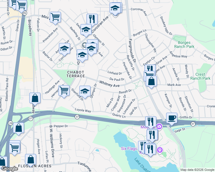 map of restaurants, bars, coffee shops, grocery stores, and more near 435 Whitney Avenue in Vallejo