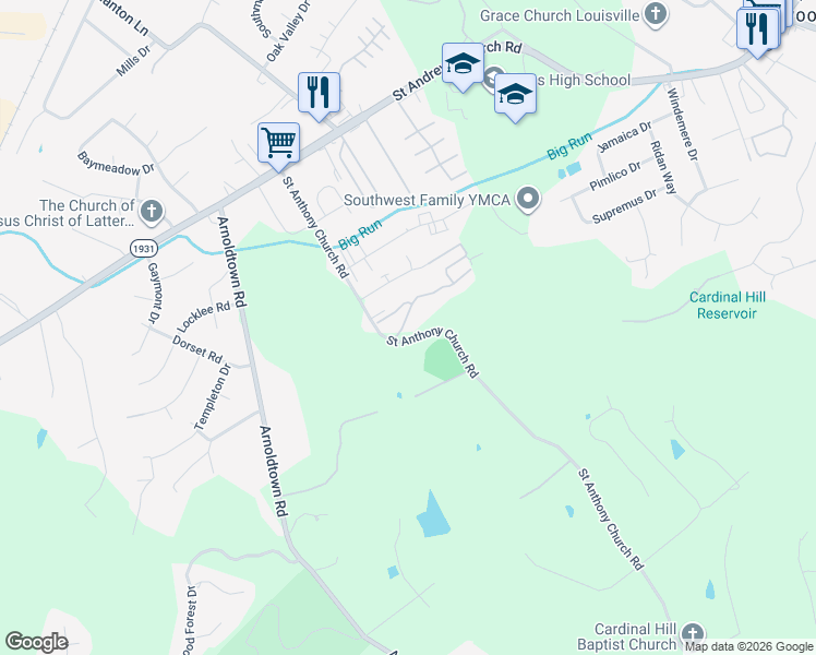 map of restaurants, bars, coffee shops, grocery stores, and more near 3110 Saint Anthony Gardens Drive in Louisville