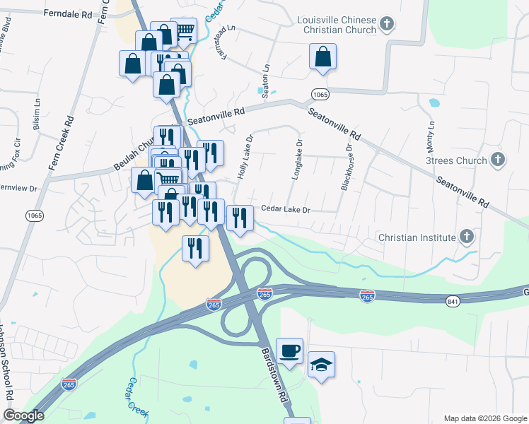 map of restaurants, bars, coffee shops, grocery stores, and more near 9608 Cedar Lake Drive in Louisville
