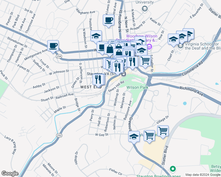 map of restaurants, bars, coffee shops, grocery stores, and more near 50 Middlebrook Ave in Staunton