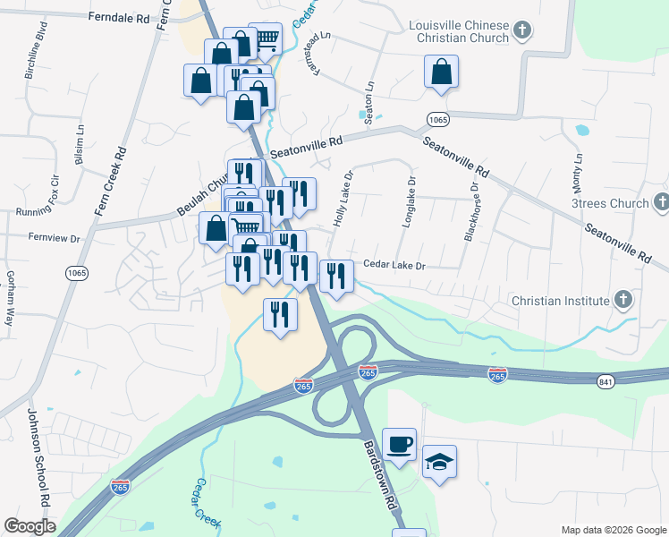 map of restaurants, bars, coffee shops, grocery stores, and more near 9508 Cedar Lake Drive in Louisville