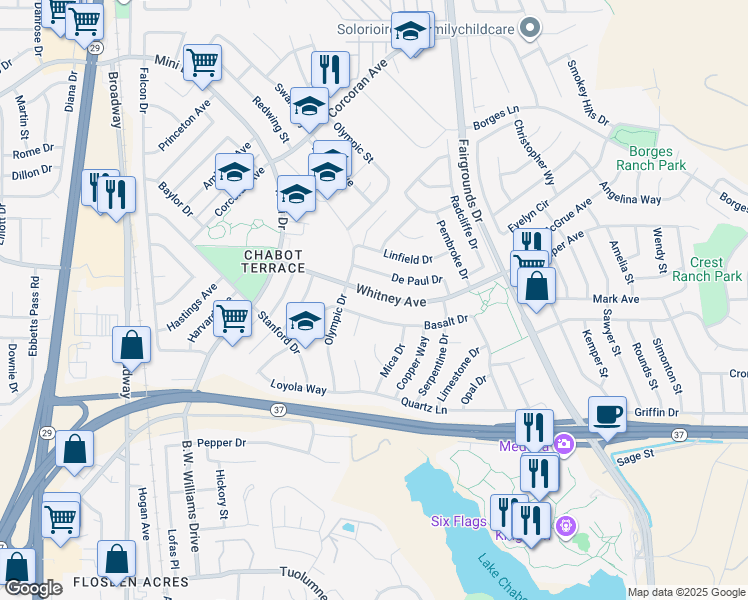 map of restaurants, bars, coffee shops, grocery stores, and more near 425 Whitney Avenue in Vallejo