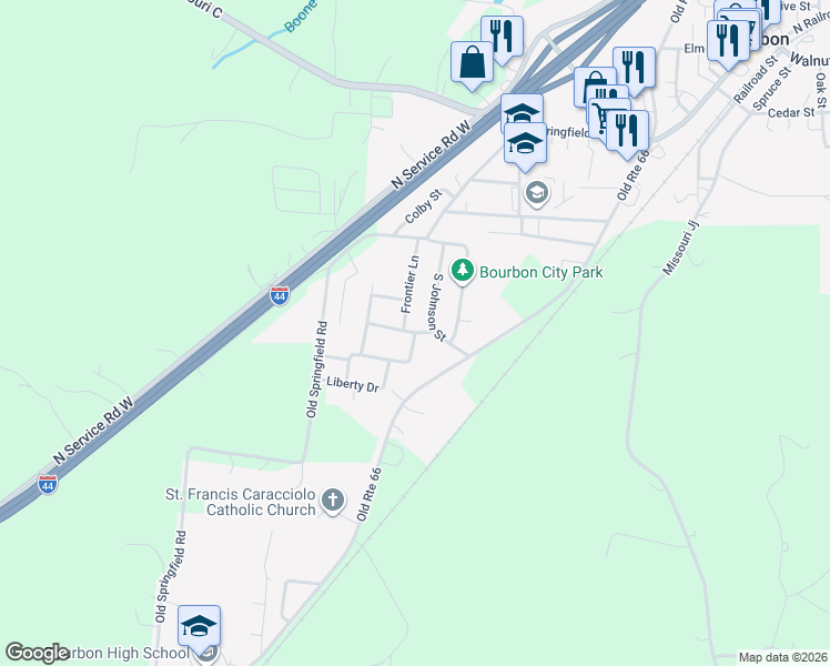 map of restaurants, bars, coffee shops, grocery stores, and more near 556 South Johnson Street in Bourbon