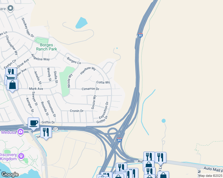 map of restaurants, bars, coffee shops, grocery stores, and more near Cimarron Dr & Cimarron Ct in Vallejo