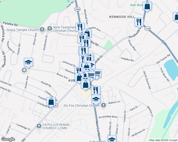 map of restaurants, bars, coffee shops, grocery stores, and more near 7337 Southside Drive in Louisville