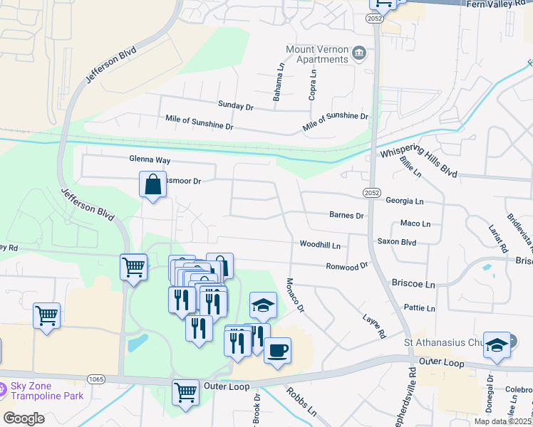 map of restaurants, bars, coffee shops, grocery stores, and more near 5101 Dreamers Way in Louisville