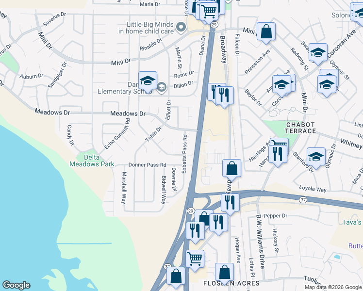 map of restaurants, bars, coffee shops, grocery stores, and more near 105 Daisy Court in Vallejo