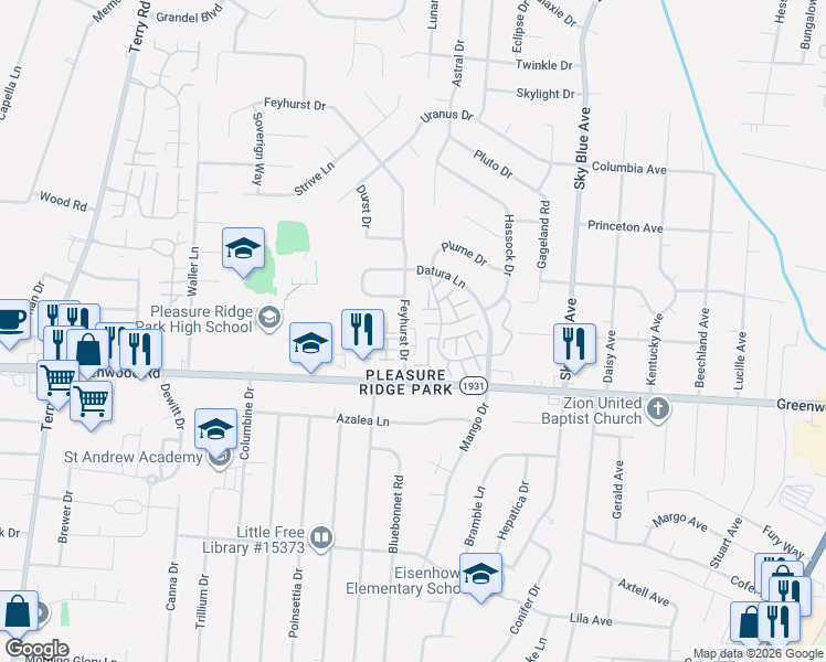 map of restaurants, bars, coffee shops, grocery stores, and more near 5501 Yucca Lane in Louisville