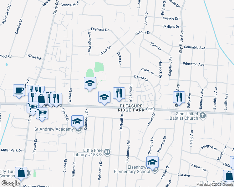 map of restaurants, bars, coffee shops, grocery stores, and more near 5514 Yucca Lane in Louisville