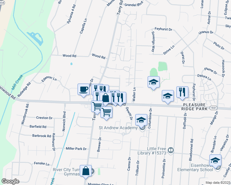 map of restaurants, bars, coffee shops, grocery stores, and more near 7412 Beahl Boulevard in Louisville