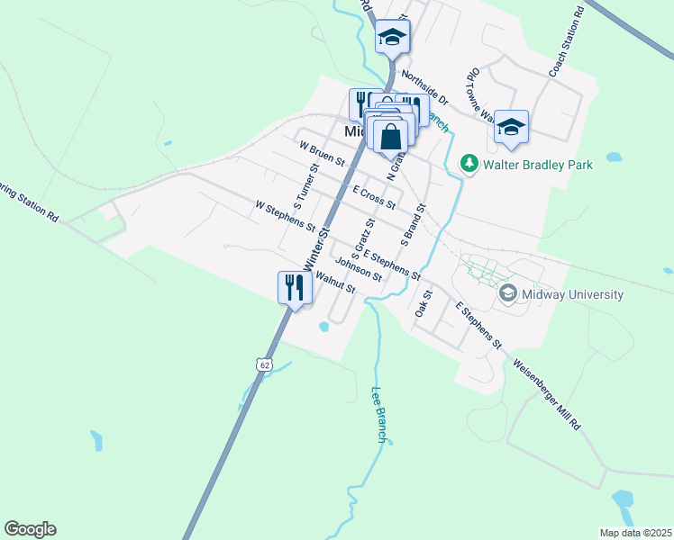 map of restaurants, bars, coffee shops, grocery stores, and more near 122 Johnson Street in Midway
