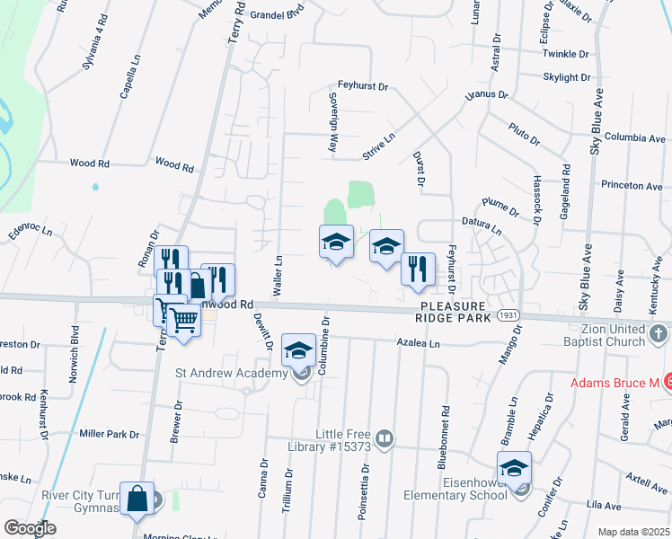 map of restaurants, bars, coffee shops, grocery stores, and more near 5901 Greenwood Road in Louisville