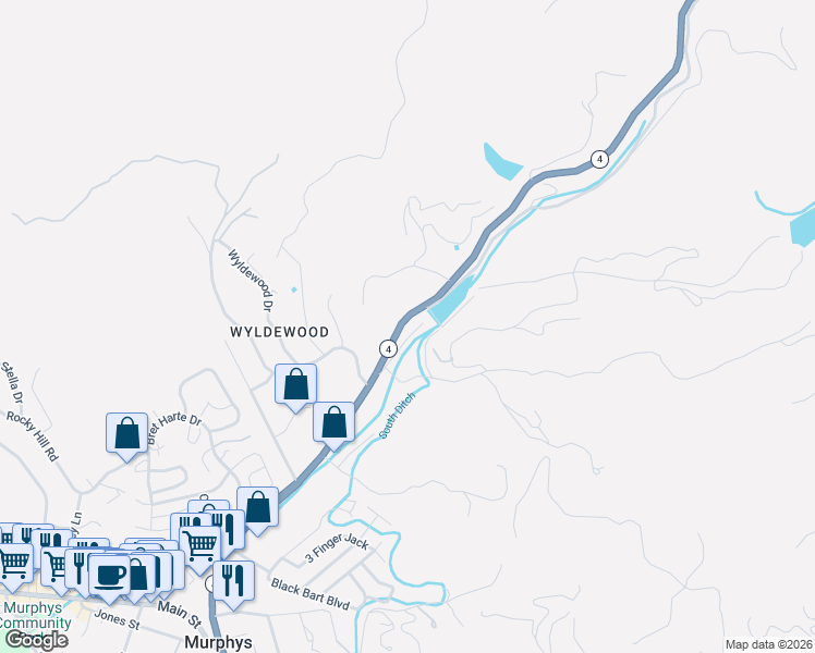 map of restaurants, bars, coffee shops, grocery stores, and more near 731 Utica Powerhouse Road in Murphys