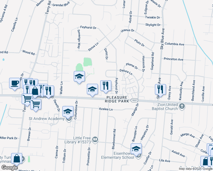 map of restaurants, bars, coffee shops, grocery stores, and more near 5540 Yucca Lane in Louisville