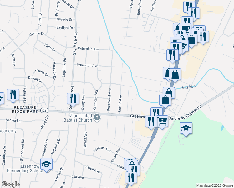 map of restaurants, bars, coffee shops, grocery stores, and more near 7231 Lucille Avenue in Louisville