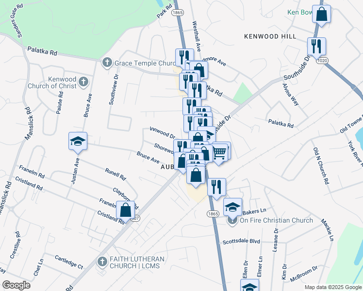 map of restaurants, bars, coffee shops, grocery stores, and more near in Louisville