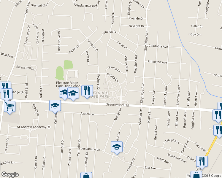 map of restaurants, bars, coffee shops, grocery stores, and more near 5300 Flyaway Court in Louisville