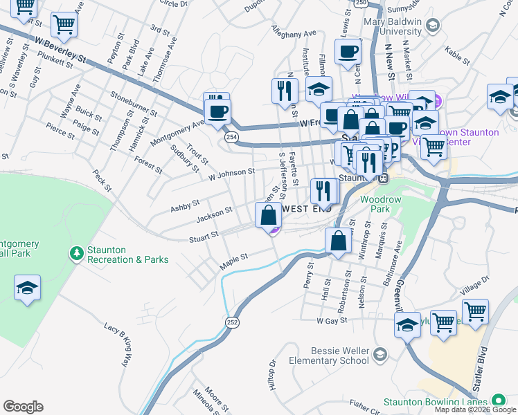 map of restaurants, bars, coffee shops, grocery stores, and more near 901-999 Jackson St in Staunton