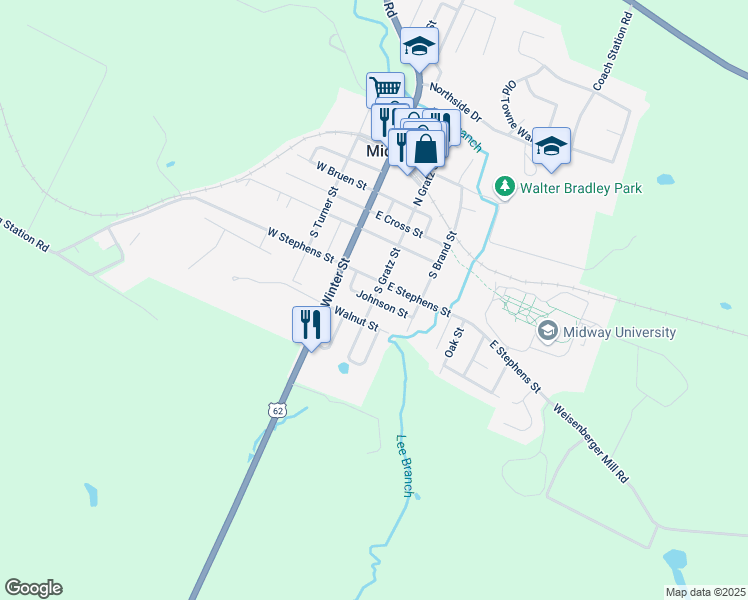 map of restaurants, bars, coffee shops, grocery stores, and more near 122 Johnson St in Midway