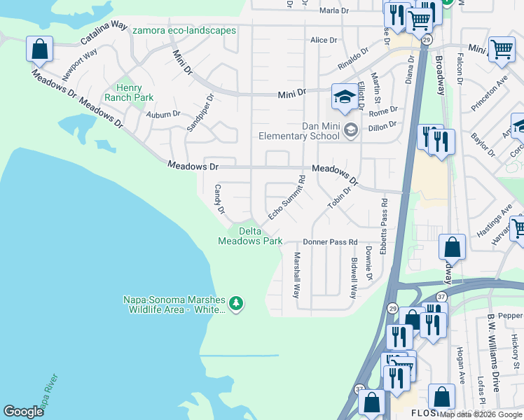 map of restaurants, bars, coffee shops, grocery stores, and more near 101 Rosemary Drive in Vallejo