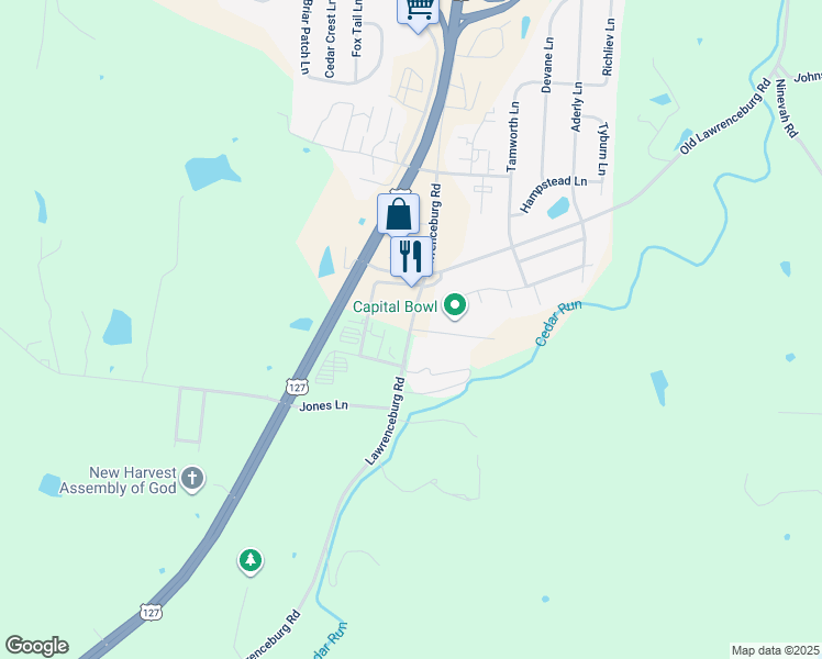 map of restaurants, bars, coffee shops, grocery stores, and more near 1 Anderson Road in Frankfort