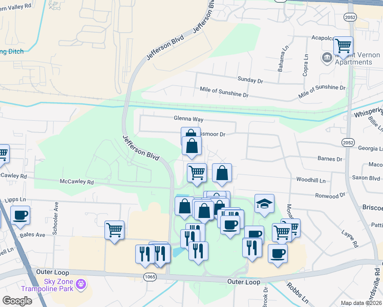 map of restaurants, bars, coffee shops, grocery stores, and more near 7311 Jefferson Boulevard in Louisville