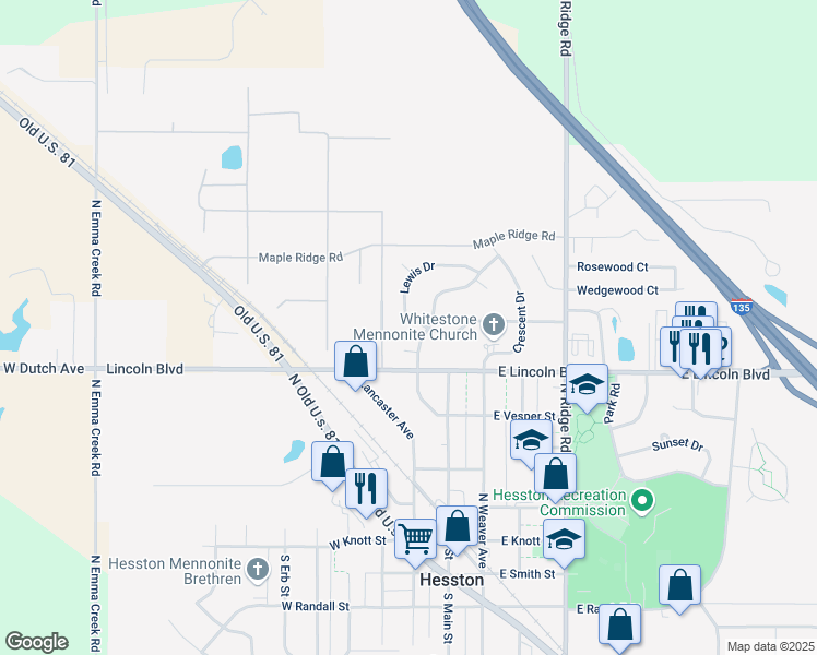 map of restaurants, bars, coffee shops, grocery stores, and more near 700 Lewis Drive in Hesston