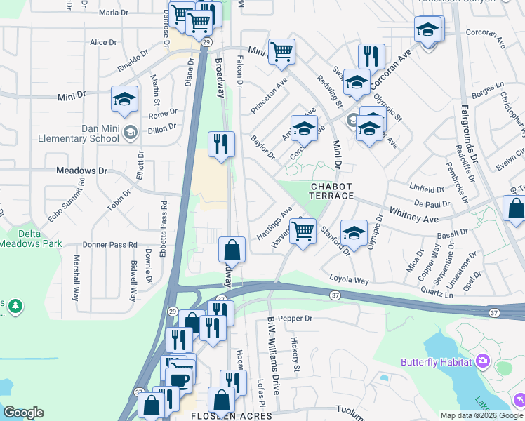 map of restaurants, bars, coffee shops, grocery stores, and more near 142 Cortland Circle in Vallejo