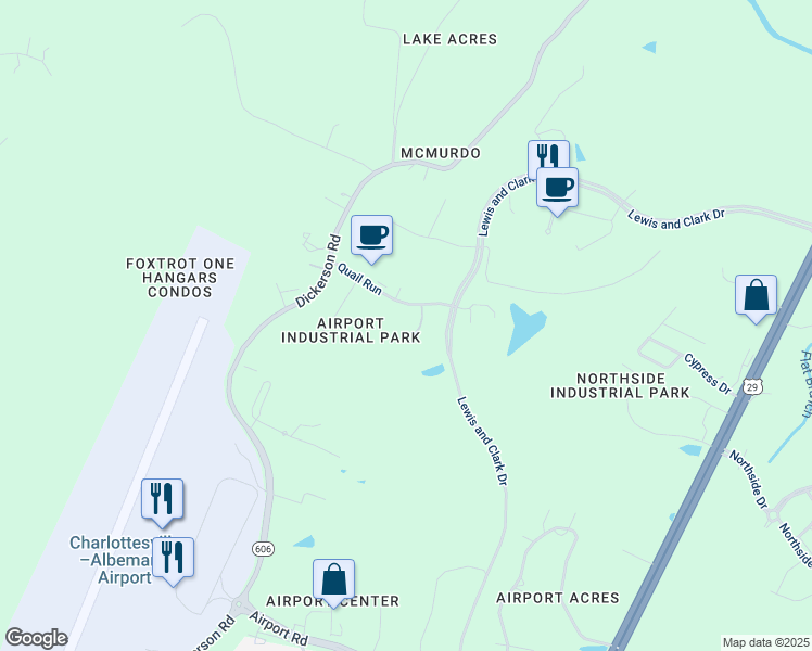 map of restaurants, bars, coffee shops, grocery stores, and more near 1641 Edlich Drive in Charlottesville